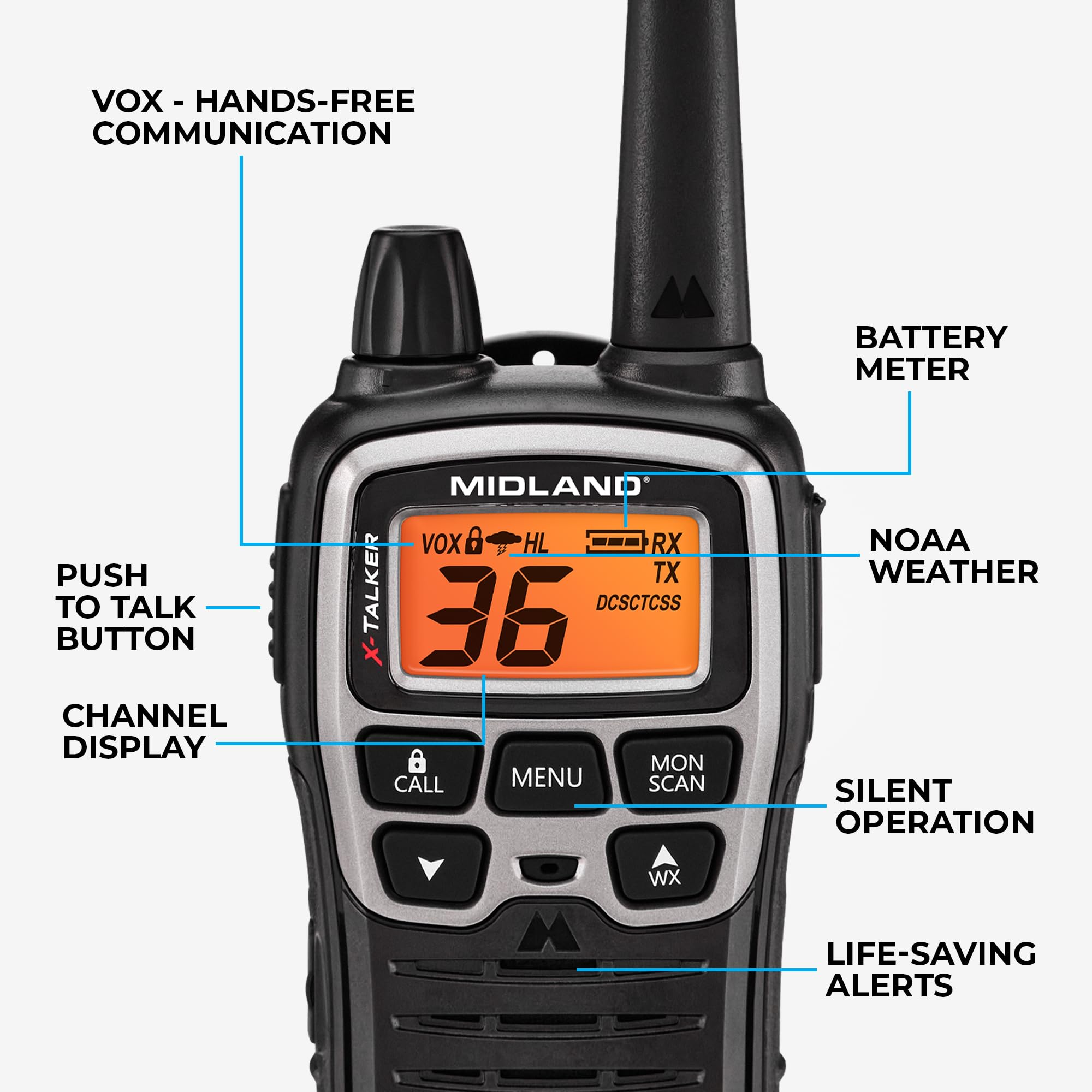 Midland® T71VP3 X-TALKER Long Range Walkie Talkie - FRS Two-Way Radio for Camping Overlanding Rock Crawling - NOAA Weather Scan - 36 Channels and 121 Privacy Codes Black/Silver 2 Pack