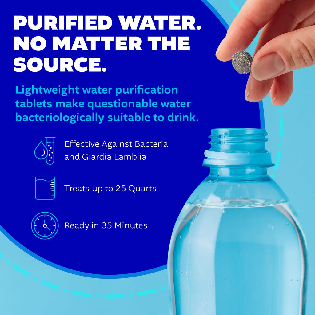 Potable Aqua Water Purification Treatment - Portable Drinking Water Treatment for Camping, Emergency Preparedness, Hurricanes, Storms, Survival, and Travel (50 Tablets), Black, single pack