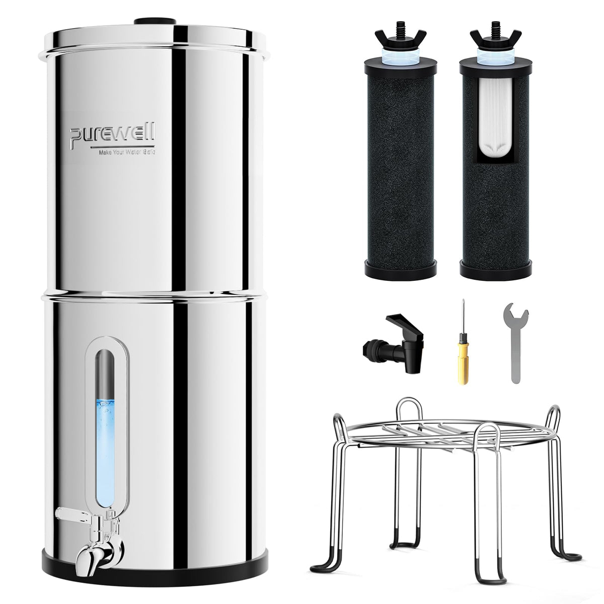 Purewell 2.25 gallon gravity water filter system, stainless steel countertop