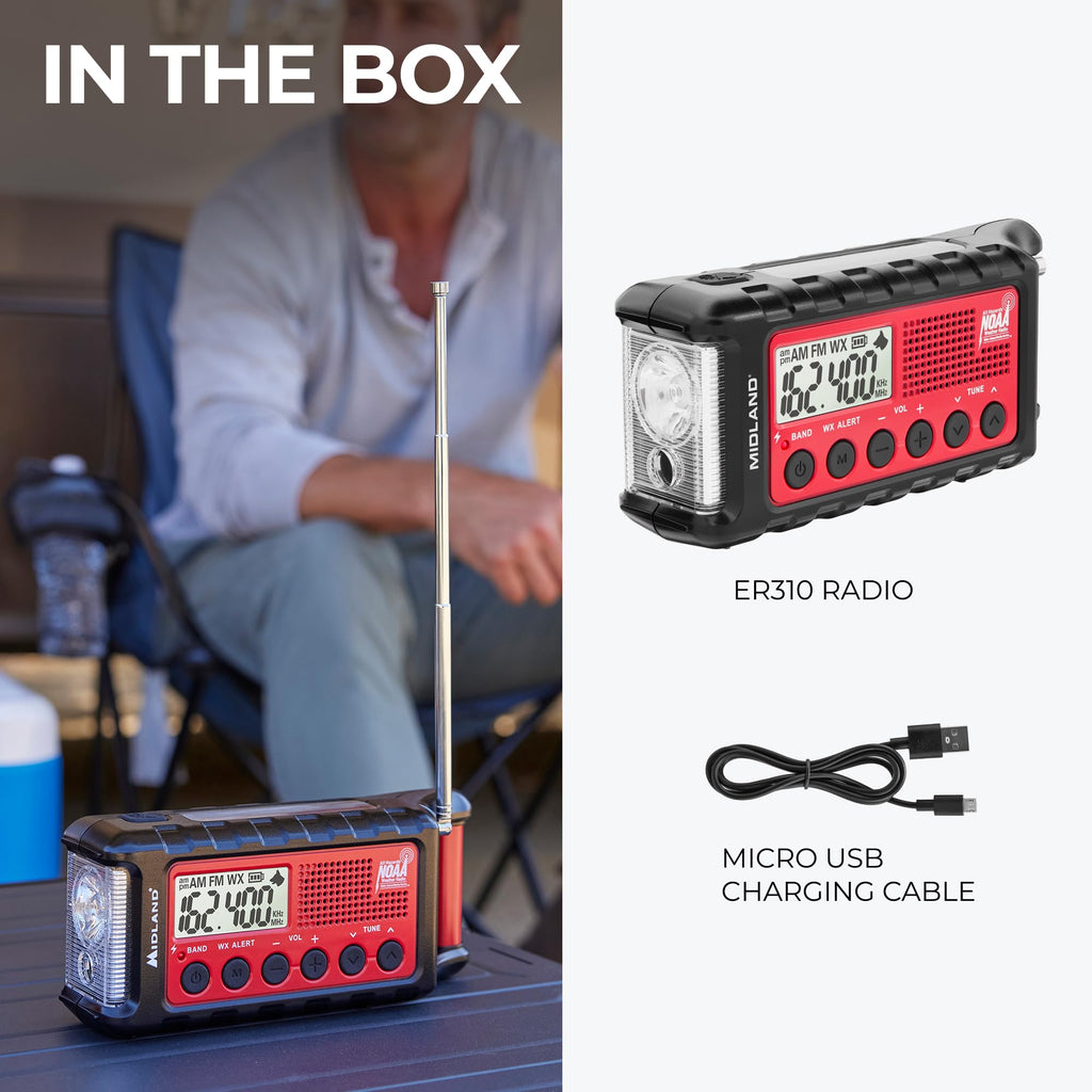 Midland - ER310, Emergency Crank Weather AM/FM Radio - Multiple Power Sources, SOS Emergency Flashlight, Ultrasonic Dog Whistle, & NOAA Weather Scan + Alert (Red/Black)