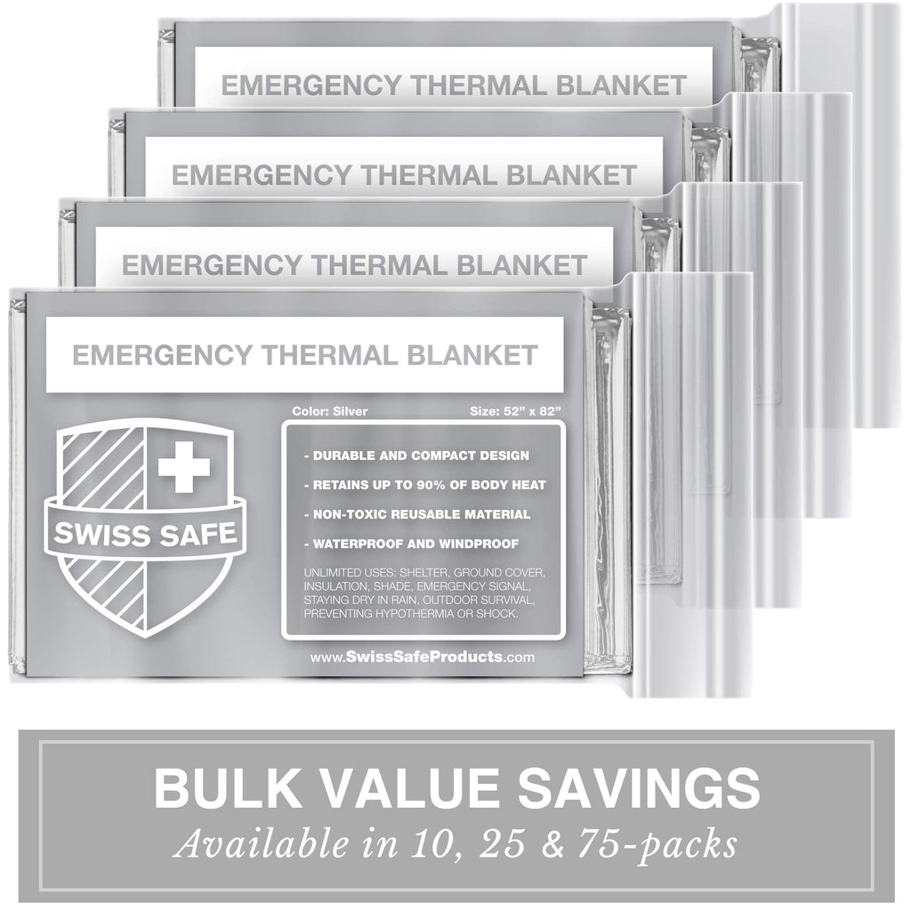 Swiss Safe 10 Pack Mylar Emergency Blankets for Survival - Compact & Insulated for Cold Weather - Designed for NASA, Outdoor, Running, Camping, Survival, First Aid Car Kit - Silver, 10 Pack