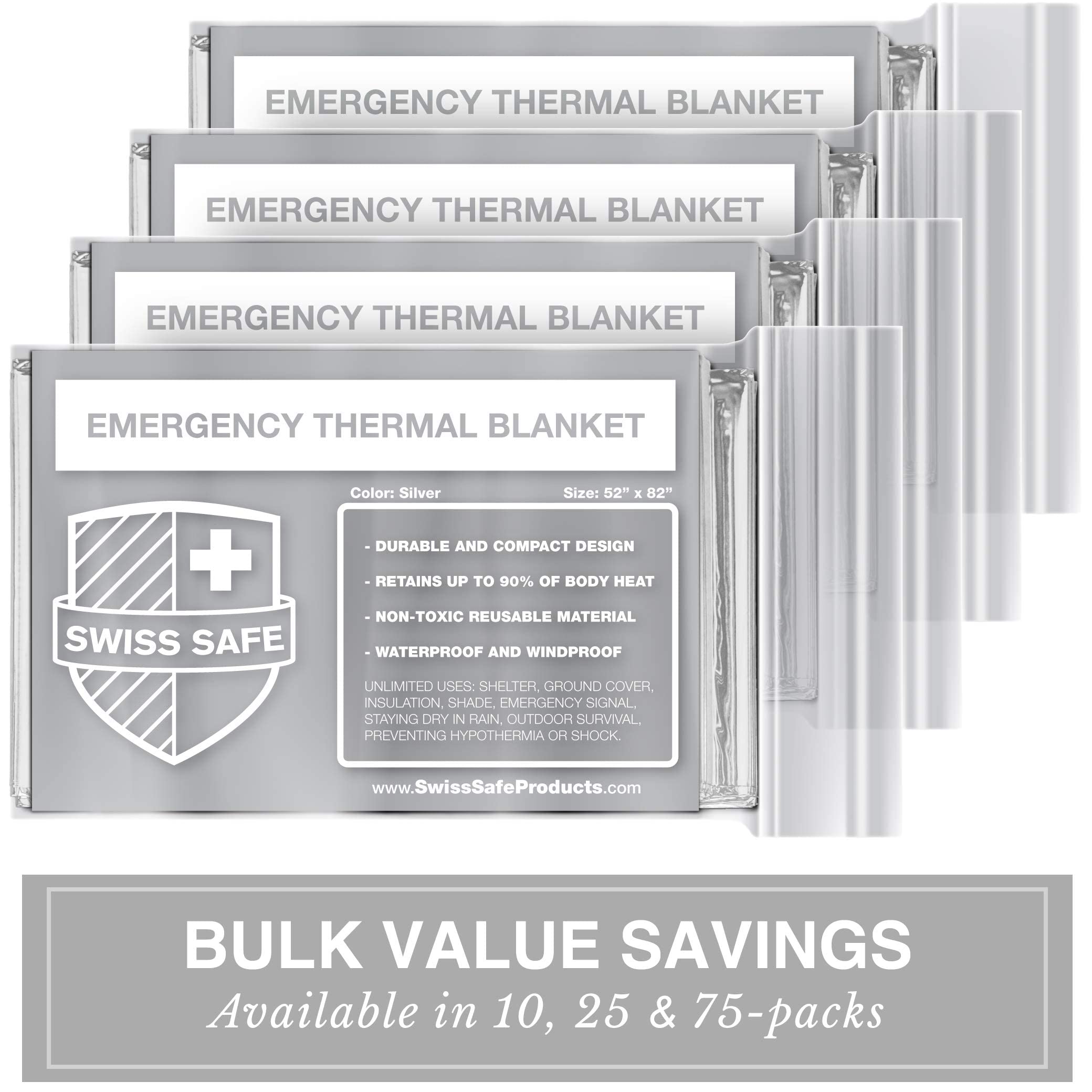 Swiss Safe 10 Pack Mylar Emergency Blankets for Survival - Compact & Insulated for Cold Weather - Designed for NASA, Outdoor, Running, Camping, Survival, First Aid Car Kit - Silver, 10 Pack