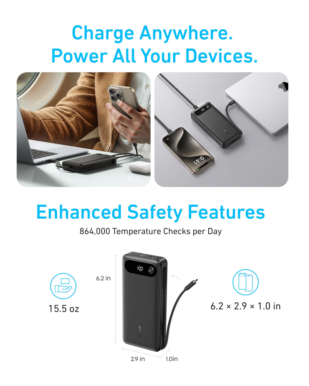 Anker Power Bank, 20,000mAh Travel Essential Portable Charger with Built-in USB-C Cable, 3-Port 87W Max Fast Charging Battery Pack, for MacBook, iPhone 16/15 Series, Samsung, Switch, and More