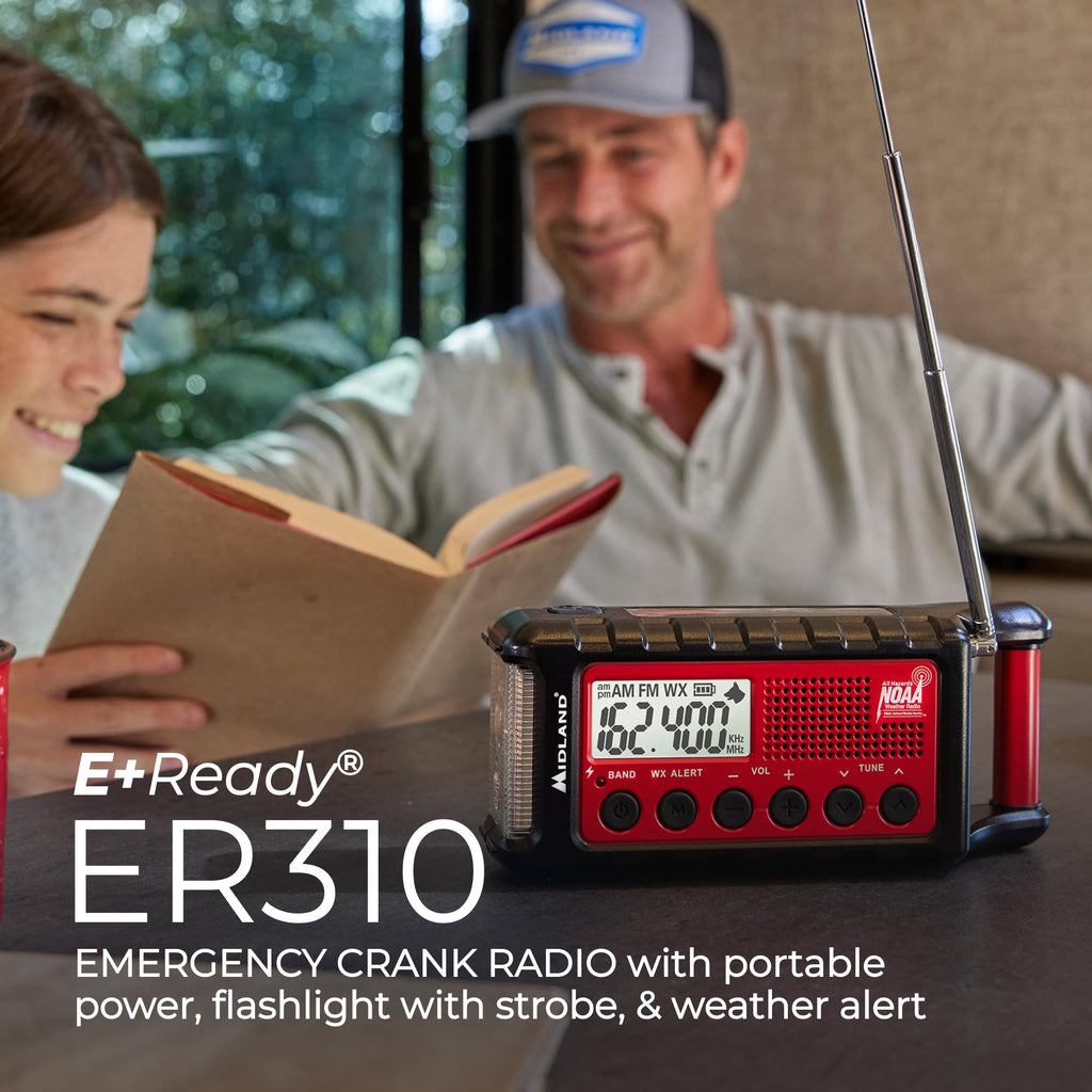 Midland - ER310, Emergency Crank Weather AM/FM Radio - Multiple Power Sources, SOS Emergency Flashlight, Ultrasonic Dog Whistle, & NOAA Weather Scan + Alert (Red/Black)