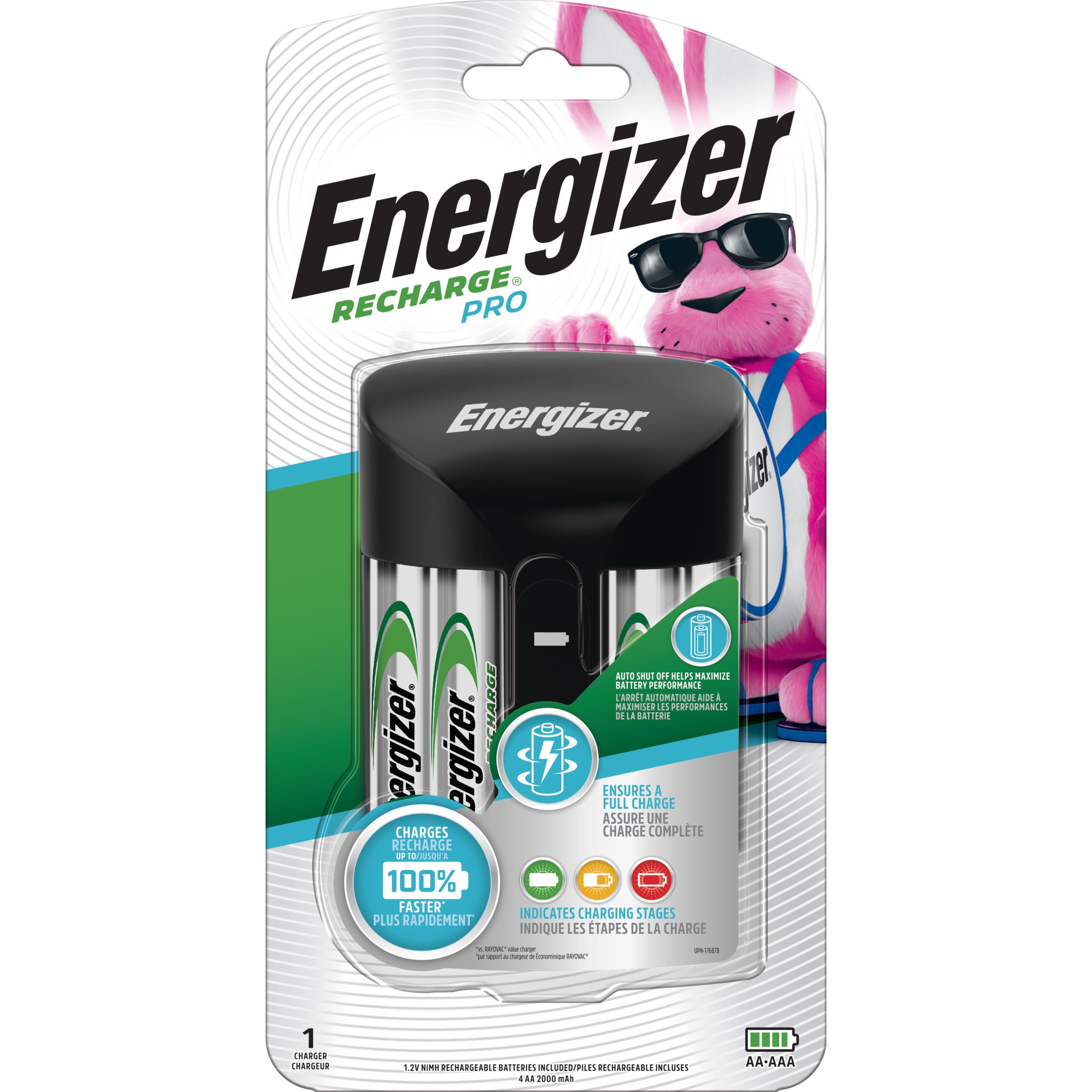 Energizer Recharge Pro Rechargeable AAA and AA Battery Charger With 4 NiMh Rechargeable AA Batteries, Provides a Full Charge in 3 Hours