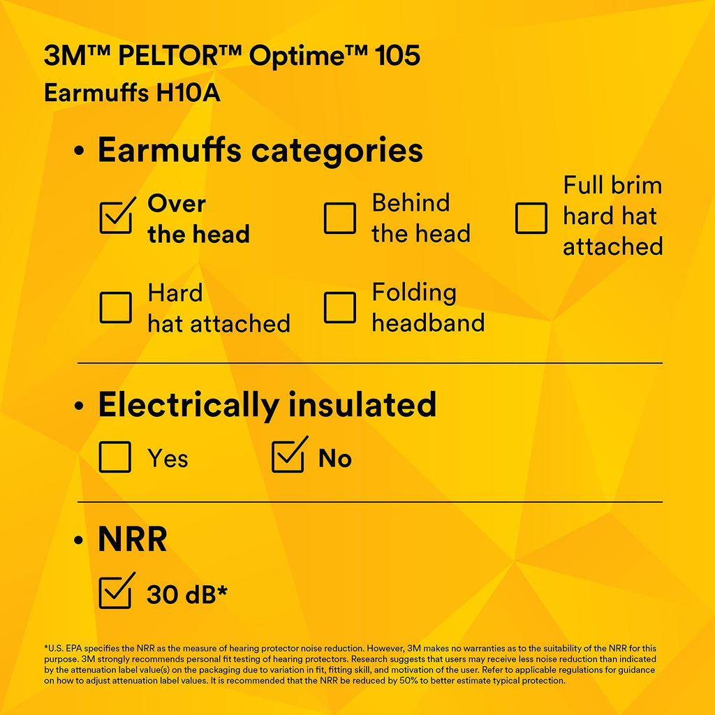 3M H10A Peltor Optime 105 Over the Head Earmuff, Ear Protectors, Hearing Protection, NRR 30 dB