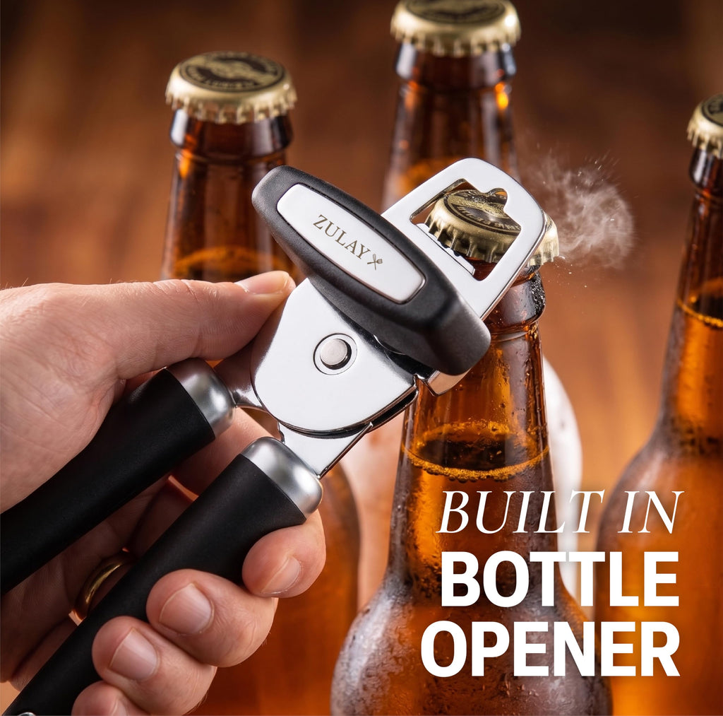 Zulay Kitchen Heavy Duty Stainless Steel Can Opener Manual with Bottle Opener - Rust Proof Manual Can Opener With Turn Knob & Comfy Soft Grip Handles - Black