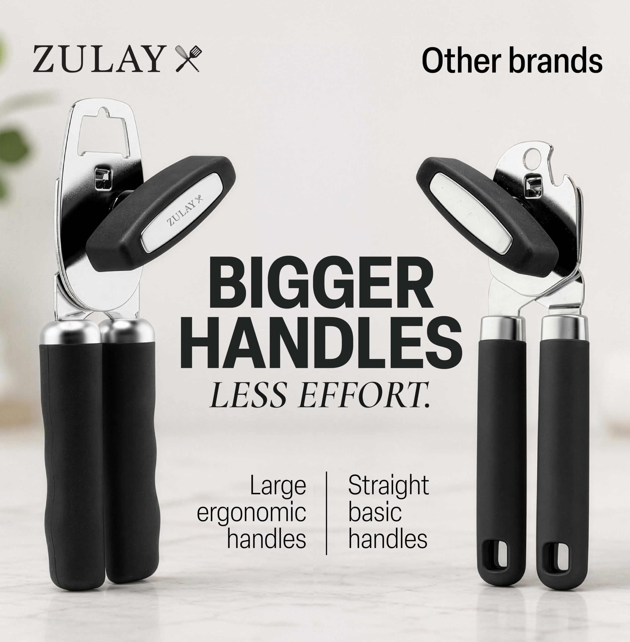 Zulay Kitchen Heavy Duty Stainless Steel Can Opener Manual with Bottle Opener - Rust Proof Manual Can Opener With Turn Knob & Comfy Soft Grip Handles - Black