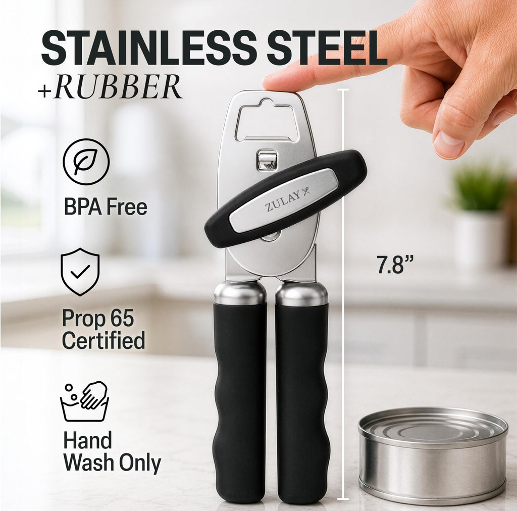 Zulay Kitchen Heavy Duty Stainless Steel Can Opener Manual with Bottle Opener - Rust Proof Manual Can Opener With Turn Knob & Comfy Soft Grip Handles - Black