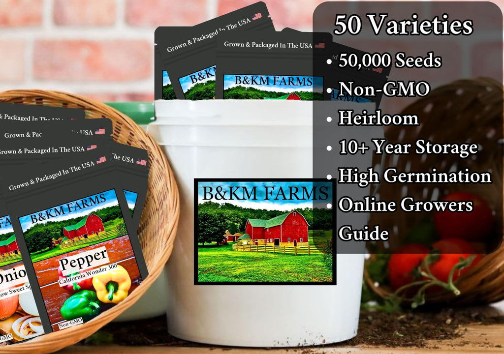 Survival Seed Vault: 50 Varieties, 50,000+ Non-GMO Heirloom Seeds - 5+ Year Supply in Secure Bucket + Growing Guide by B&KM Farms
