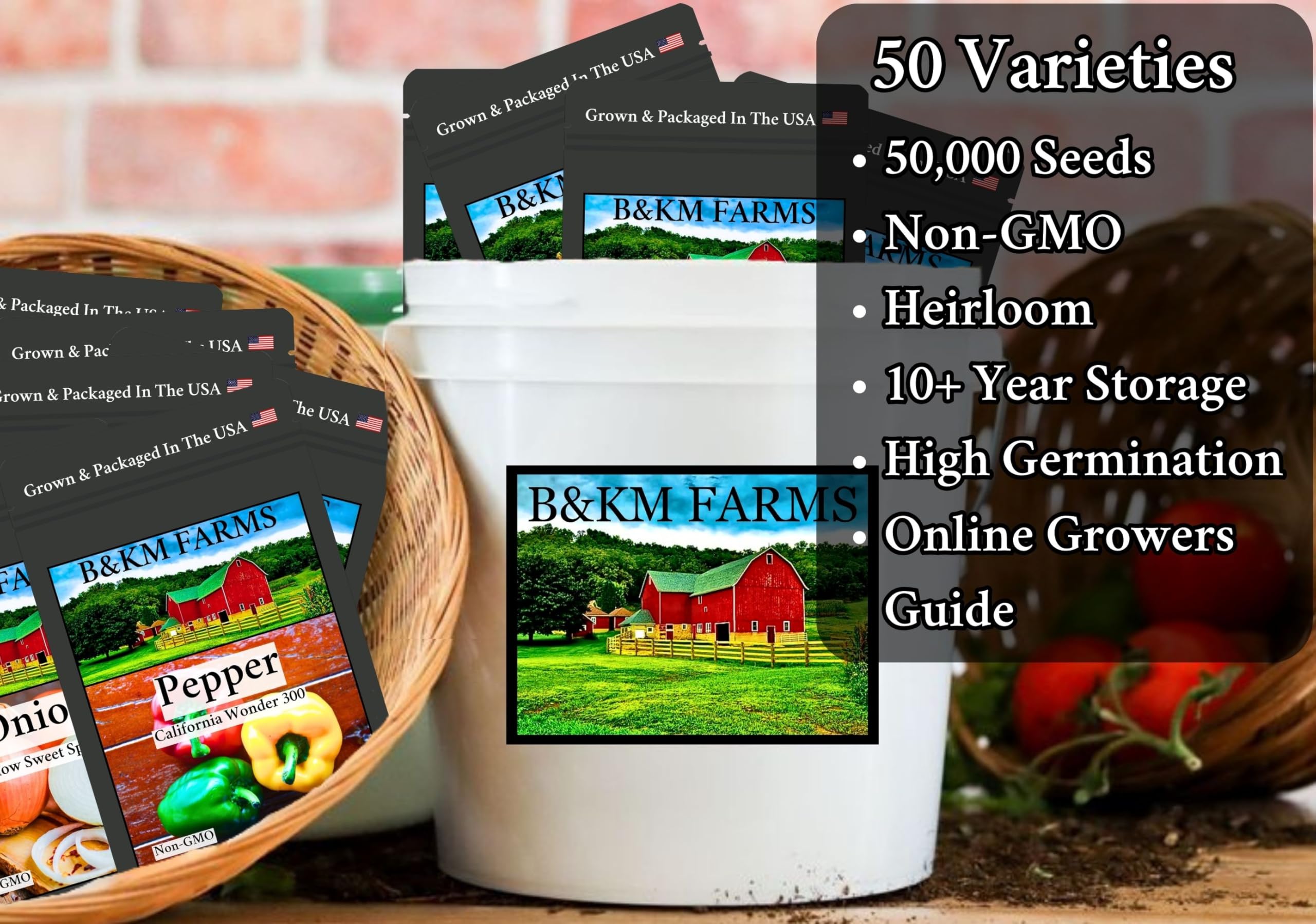 Survival Seed Vault: 50 Varieties, 50,000+ Non-GMO Heirloom Seeds - 5+ Year Supply in Secure Bucket + Growing Guide by B&KM Farms